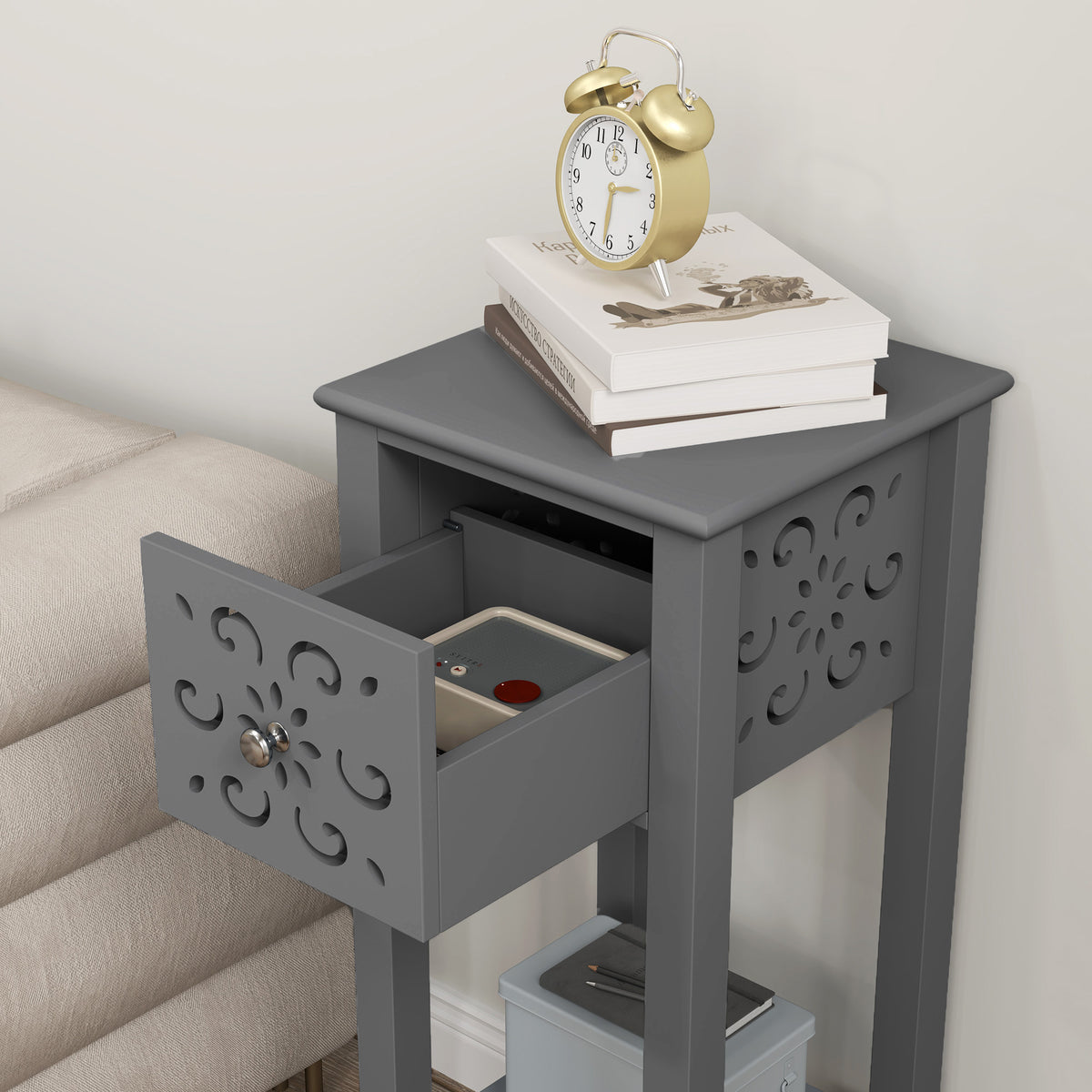 HOMCOM Set of Two Elegant Floral Cut-Out Side Tables - Grey