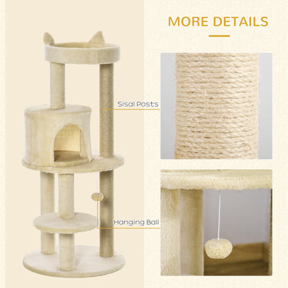 PawHut 104 cm Cat Tree, Cat Condo Tree Tower, Cat Activity Centre with Scratching Posts, Plush Perches, Hanging Ball - Cream White