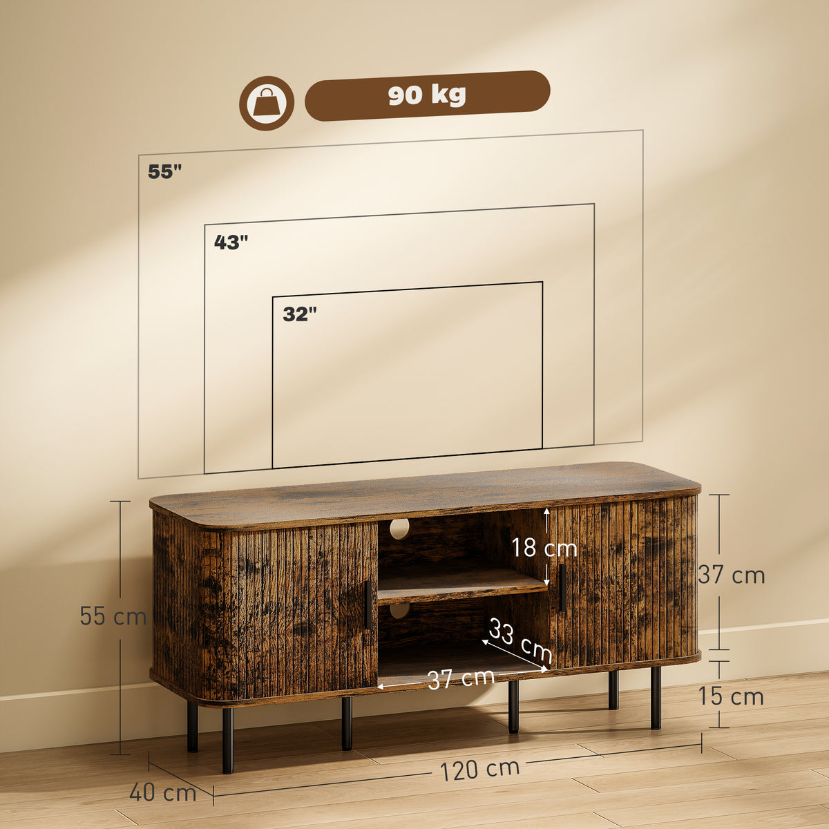 HOMCOM TV Stand Cabinet for TVs up to 55 Inches, TV Unit with Storage Shelves and Cupboard for Living Room, Rustic Brown