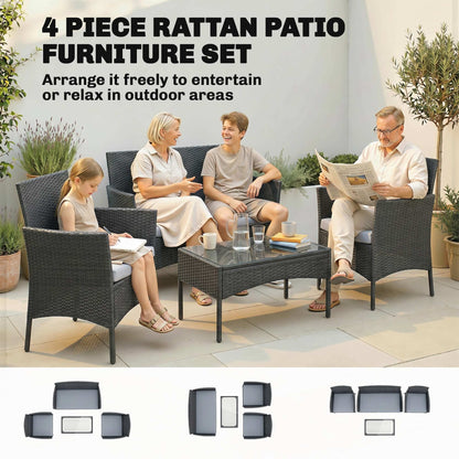 Outsunny 4 Piece Rattan Garden Furniture Sofa Set with Loveseat, Armchairs, Glass-Top Coffee Table and Cushions, Black