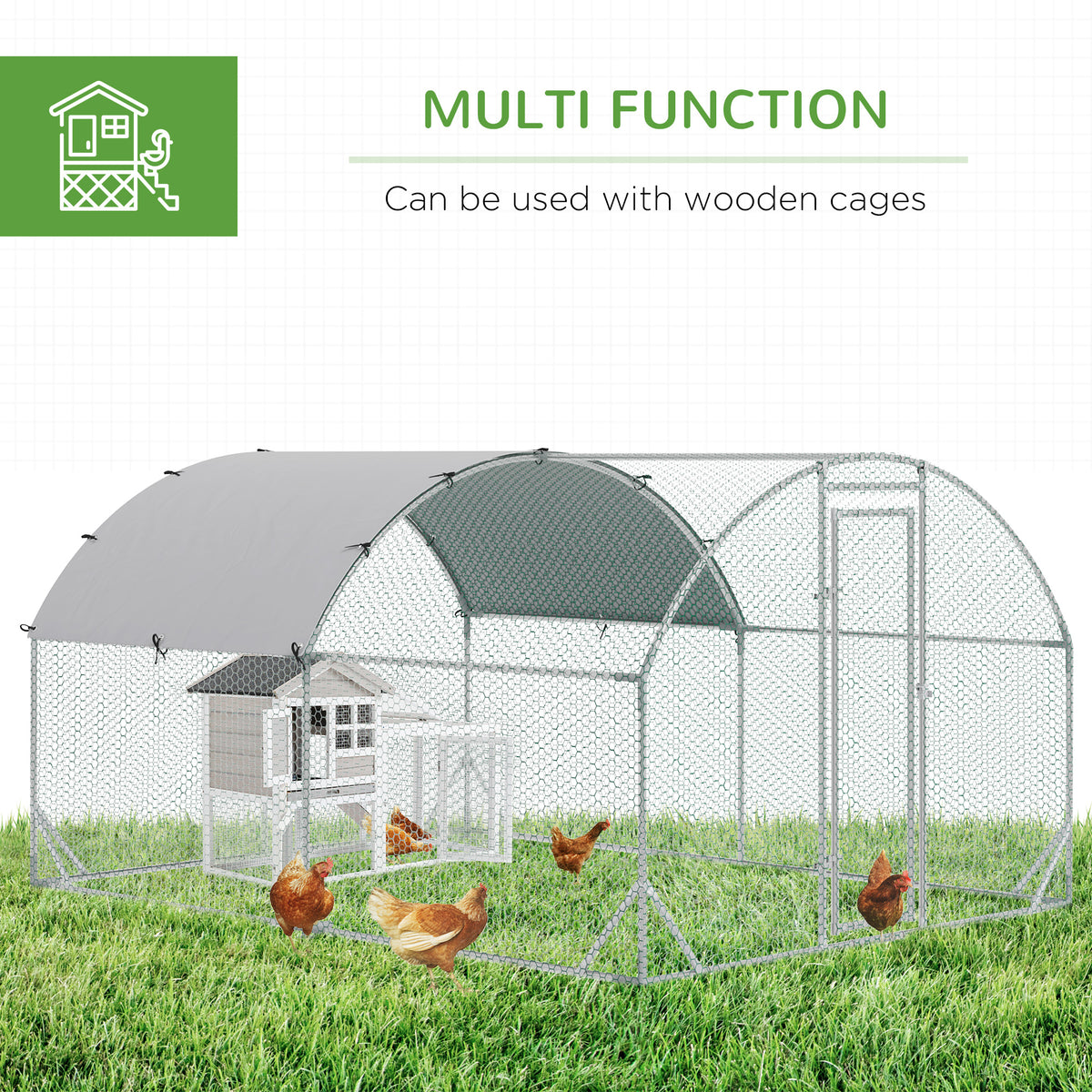 PawHut 2.8 x 3.8 x 2m Walk In Chicken Run Galvanised Chicken Coop with Water-Resist Cover, Silver