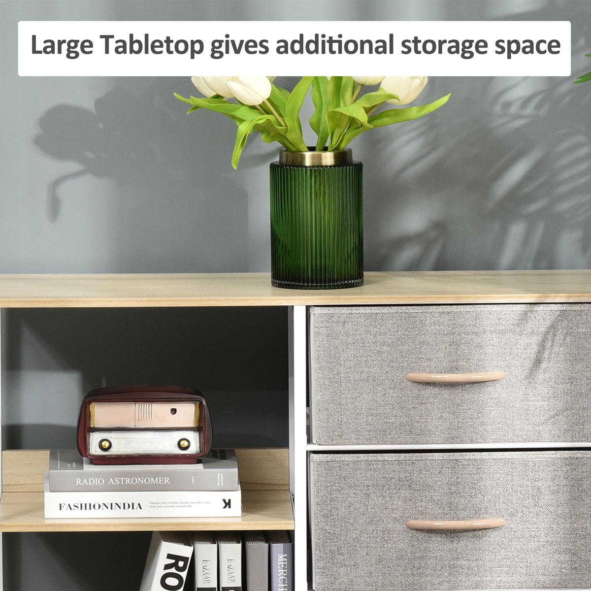 HOMCOM Chest of Drawers Storage  Dresser Cabinet Organizer with 3 Fabric Drawers and 2 Display Shelves for Living Room, Bedroom, Hallway, Beige