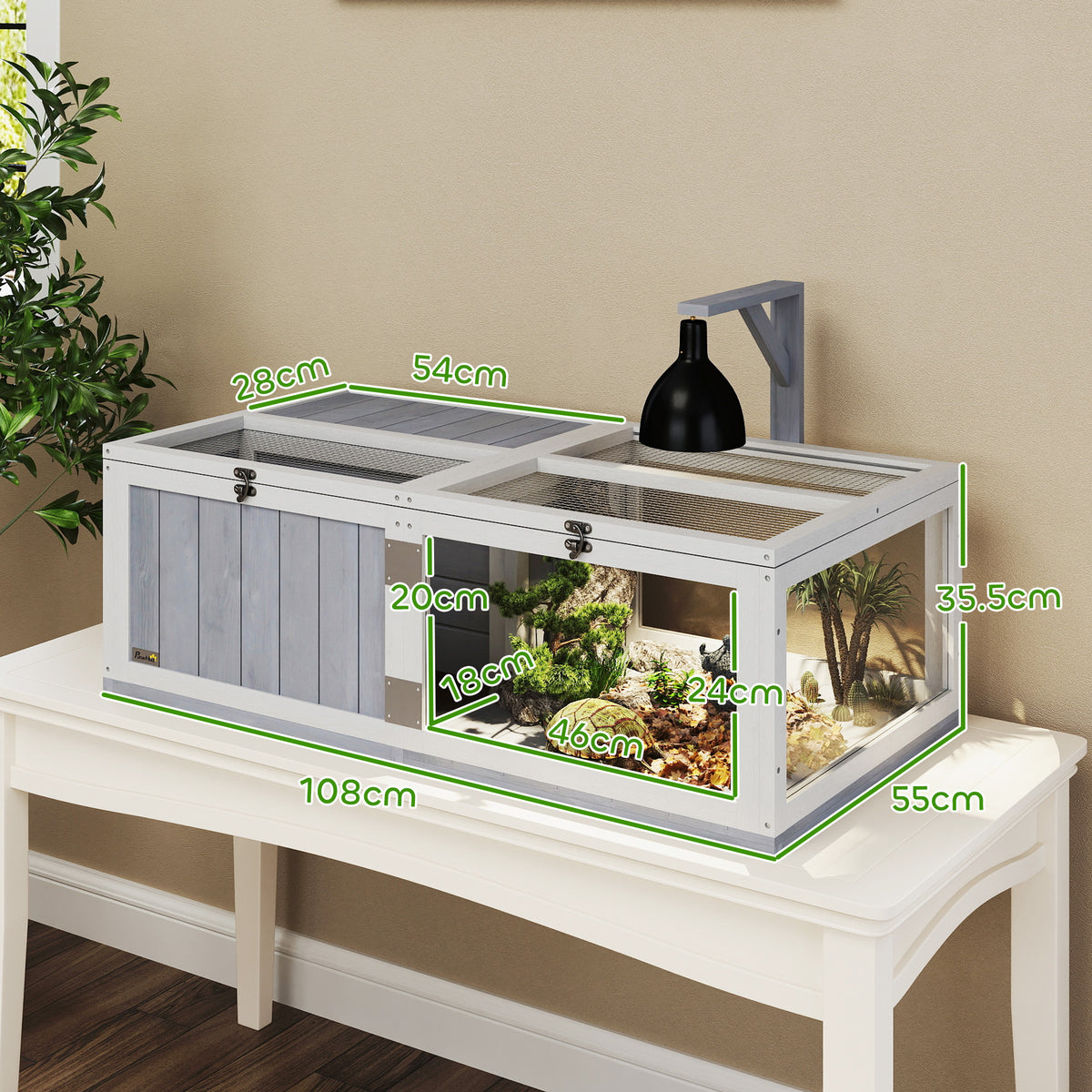 PawHut Wooden Tortoise House with Lamp Holder, Clear Windows, Openable Tops, Built-In Tray, Light Grey
