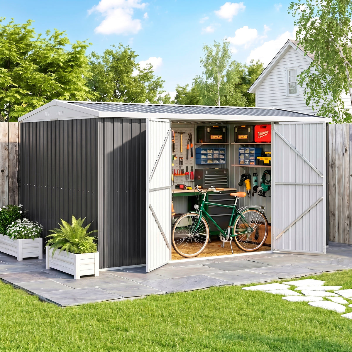 Outsunny 14 x 8ft Outdoor Garden Metal Storage Shed with Lockable Door, Tool Storage Box for Garden, Patio and Lawn, Grey