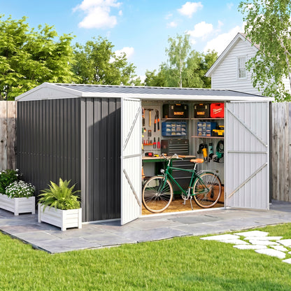 Outsunny 14 x 8ft Outdoor Garden Metal Storage Shed with Lockable Door, Tool Storage Box for Garden, Patio and Lawn, Grey