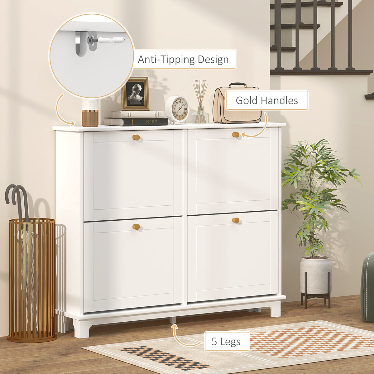 HOMCOM Narrow Shoe Storage Cabinet, Slim Shoe Cabinet with 4 Flip Drawers, Adjustable Shelves for 16 Pairs of Shoes, White