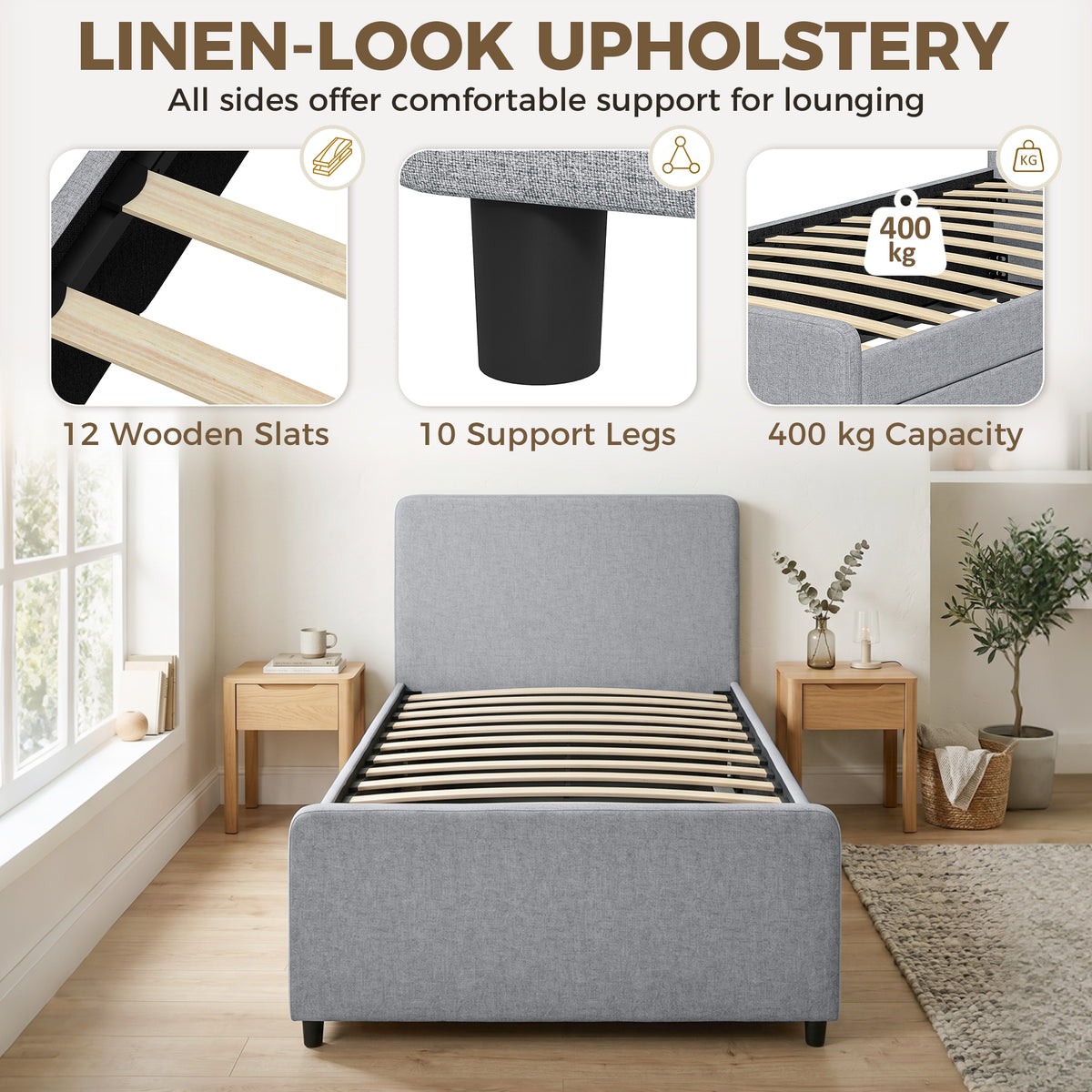 HOMCOM 3ft Single Bed Frame with Trundle, Upholstered Pull Out Trundle Bed with Headboard and Footboard, Light Grey