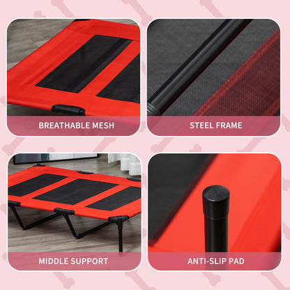 PawHut Raised Dog Bed Cooling Metal Elevated Pet Cot with Breathable Mesh, Non-slip, Lightweight & Portable, for Indoor Camping Beach Travel Outdoor Use, Red, XX Large, 122 x 92 x 23cm