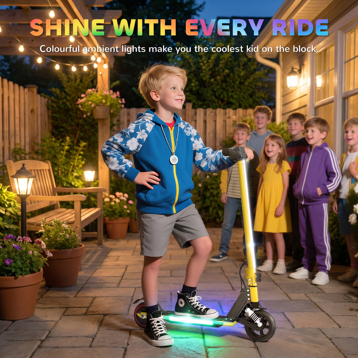 SPORTNOW Folding Electric Scooter for Kids, with Dual Brakes, Front Suspension, LED Colourful Lights, Gold Tone