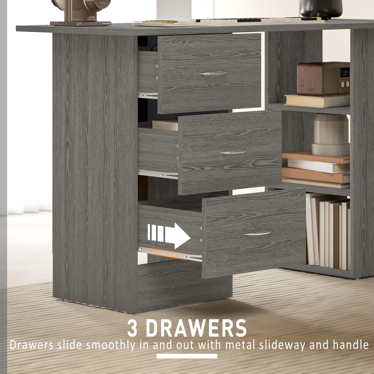 HOMCOM Computer Desk with Drawers, Home Office Desk, Writing Table, PC Workstation with 3 Storage Shelves for Working, Study, 120 x 49 x 72 cm, Grey