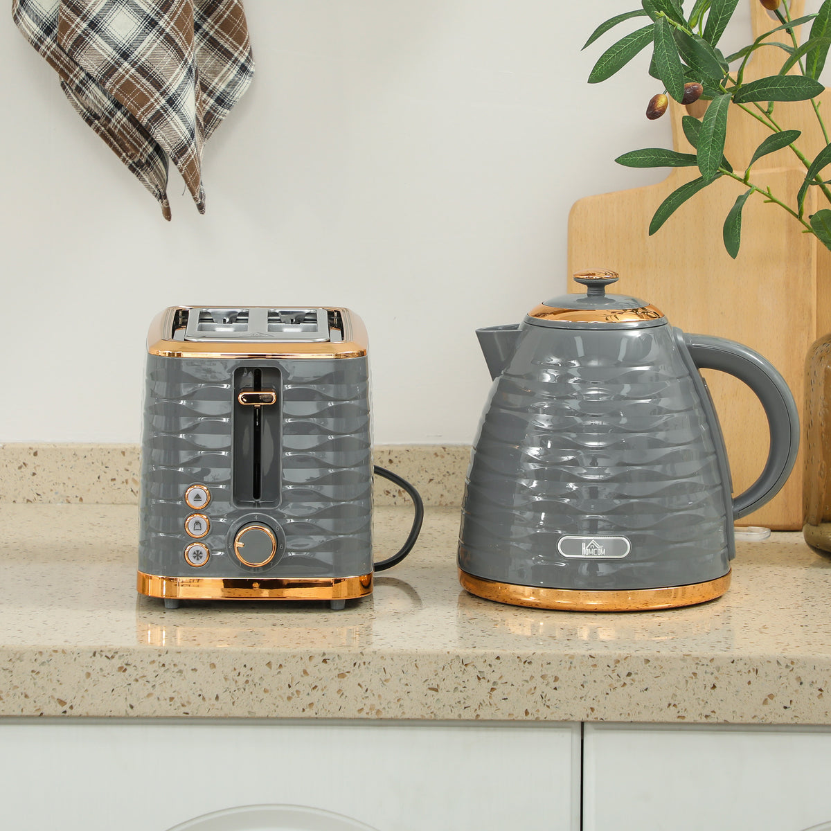 HOMCOM 3000W 1.7L Rapid Boil Kettle & 2 Slice Toaster, Kettle and Toaster Set with 7 Browning Controls and Crumb Tray, Grey