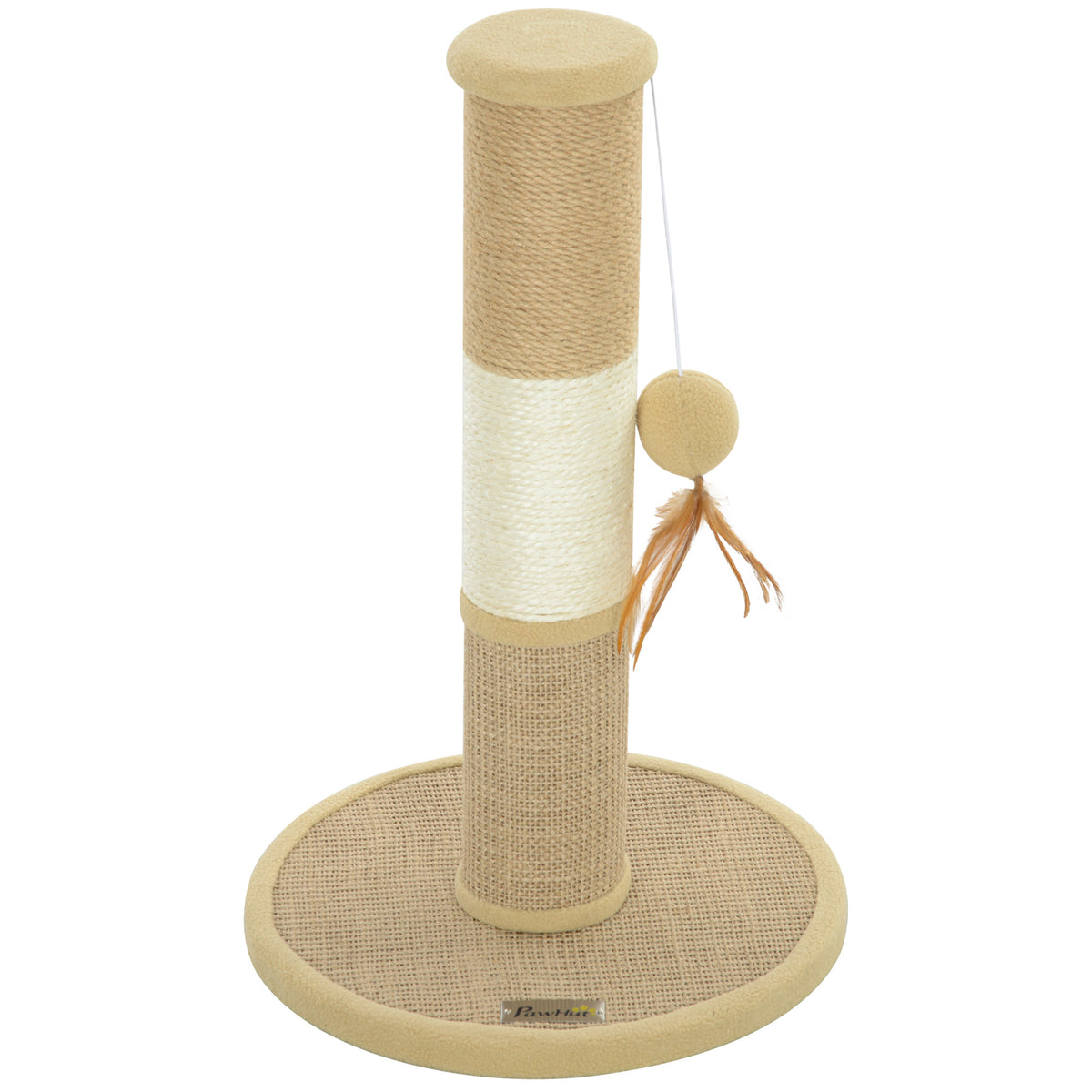 PawHut Cat Scratching Post for Indoor Cats, 47cm Tall Cat Scratcher with Jute Sisal Rope, Hanging Toy Ball, Feather, Brown