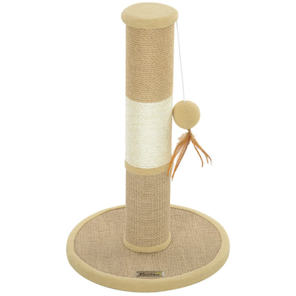 PawHut Cat Scratching Post for Indoor Cats, 47cm Tall Cat Scratcher with Jute Sisal Rope, Hanging Toy Ball, Feather, Brown