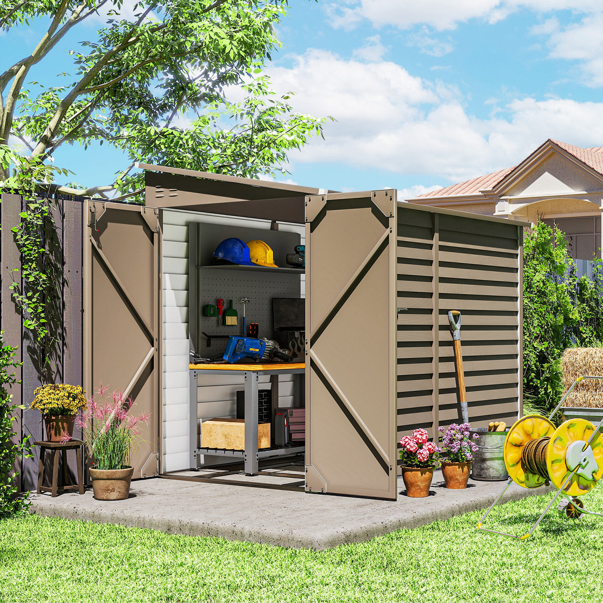 Outsunny 5 x 9ft Galvanised Metal Garden Shed with Foundation Kit, Outdoor Lean-to Shed, Tool Storage House for Garden, Brown