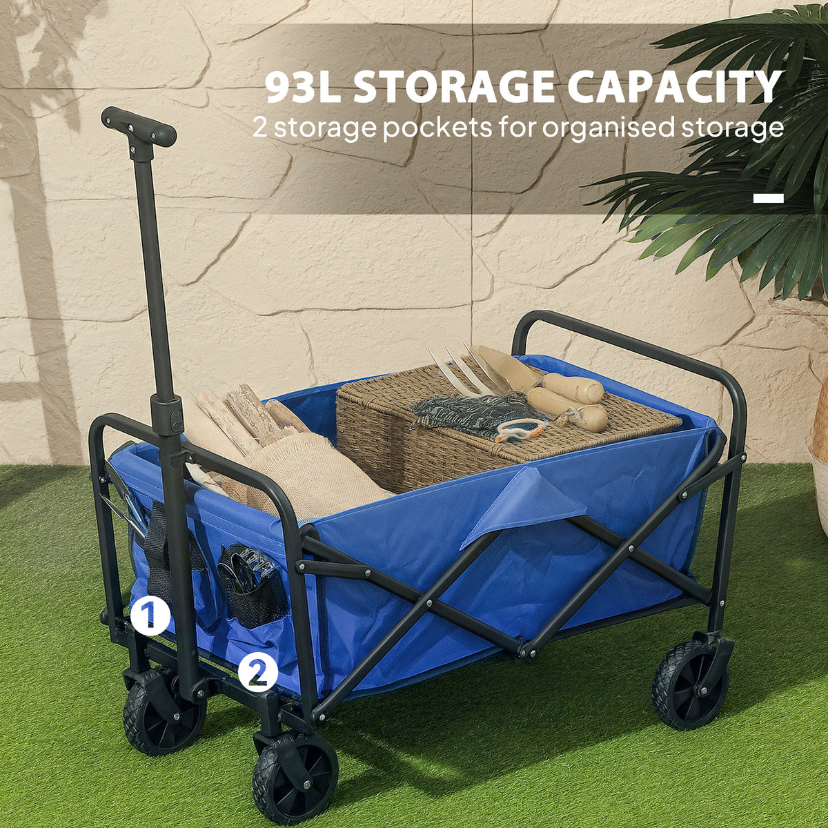 Outsunny 93L Festival Trolley on Wheels, Garden Folding Trolley Cart, 100kg Heavy Duty Collapsible Folding Wagon with Adjustable Handle and Carrying Bag for Beach, Camping, Festival, Blue