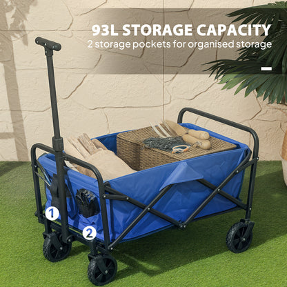 Outsunny 93L Festival Trolley on Wheels, Garden Folding Trolley Cart, 100kg Heavy Duty Collapsible Folding Wagon with Adjustable Handle and Carrying Bag for Beach, Camping, Festival, Blue