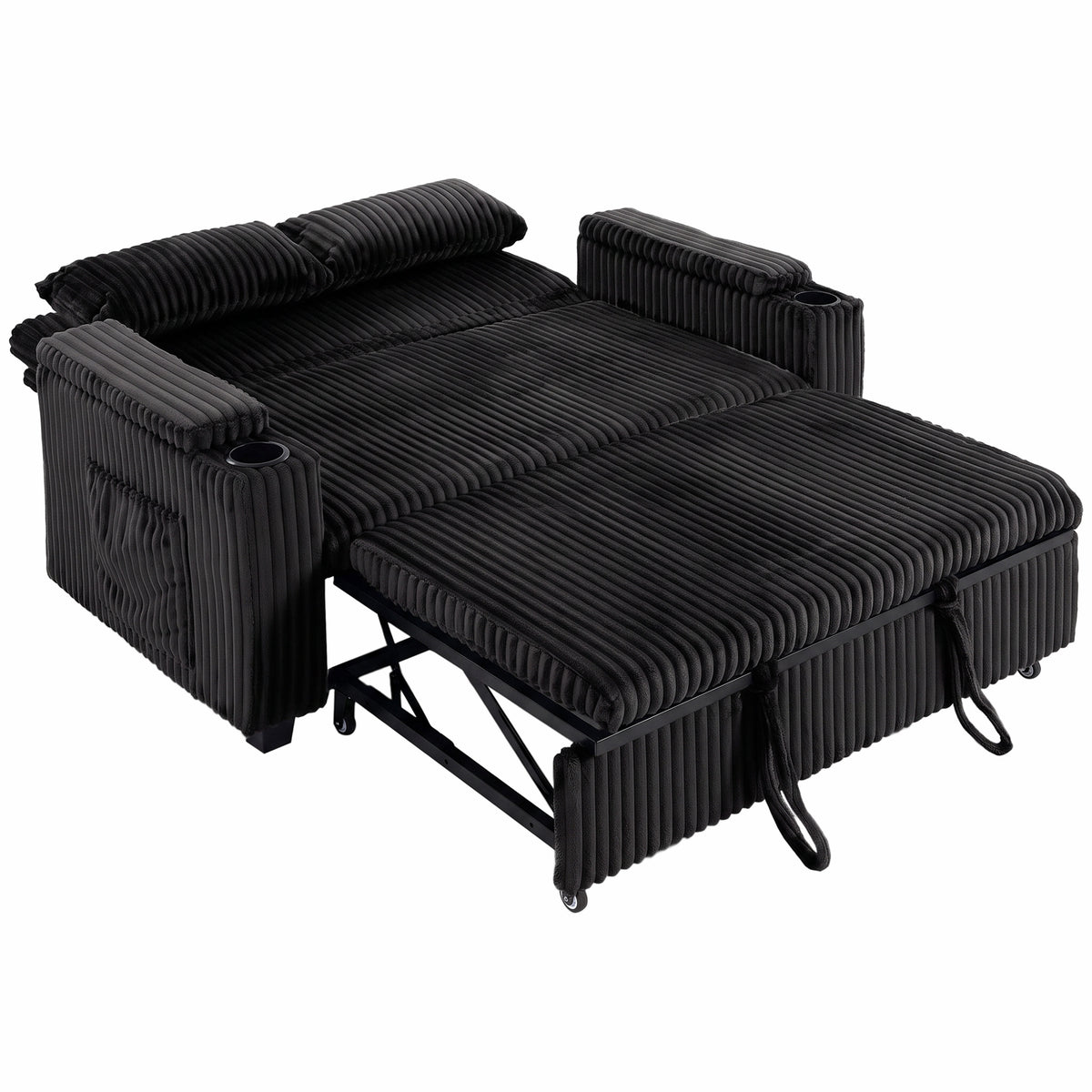 HOMCOM 2 Seater Sofa Bed, Pull Out Sleeper Sofa w/ Adjustable Backrest, Storage Armrests, Cup Holders, Side Pockets, Black