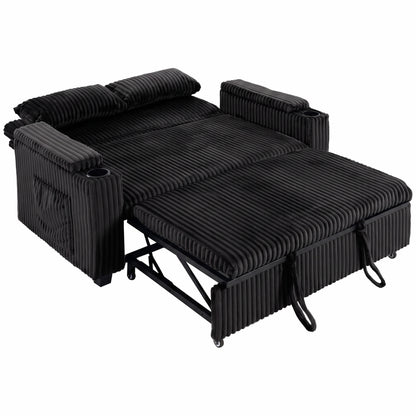 HOMCOM 2 Seater Sofa Bed, Pull Out Sleeper Sofa w/ Adjustable Backrest, Storage Armrests, Cup Holders, Side Pockets, Black