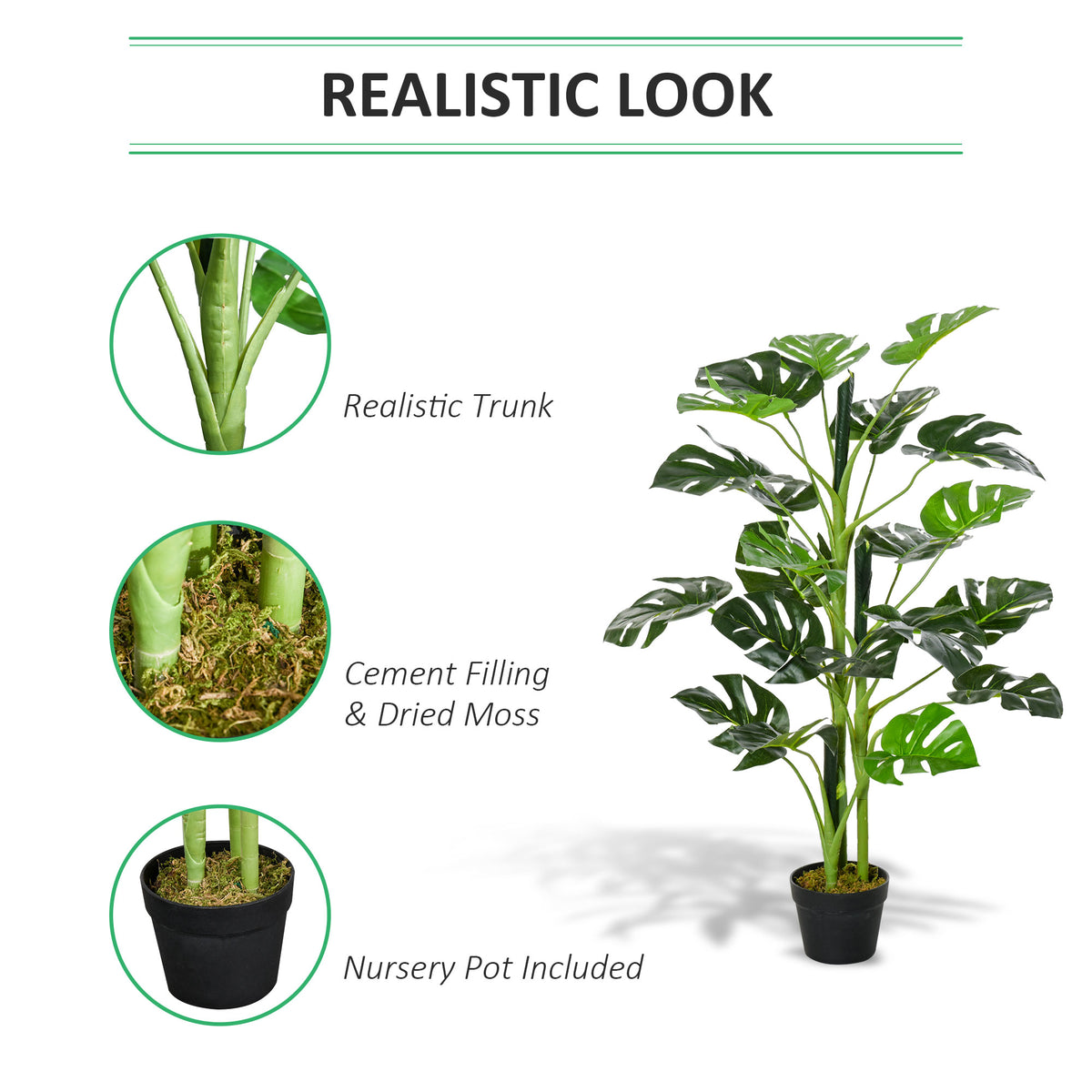 Outsunny 100cm/3.3FT Artificial Monstera Tree Decorative Cheese Plant 21 Leaves with Nursery Pot, Fake Tropical Palm Tree for Indoor Décor
