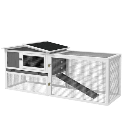 PawHut Rabbit Hutch with Ramp Wooden Guinea Pig Hutch Outdoor Bunny Cage with Sliding Tray, Hay Rack, Grey