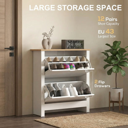 HOMCOM Slim Shoe Cabinet, Narrow Shoe Cupboard with 2 Flip Drawers, Adjustable Shelves for 12 Pairs of Shoes, High Gloss White
