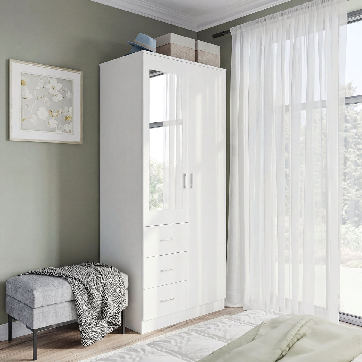 HOMCOM 2 Door 3 Drawer Mirrored Wardrobe with Hanging Rail, Modern Clothes Storage Cupboard with Mirror, Drawers and Adjustable Shelves for Bedroom, 80 x 50 x 180 cm, White