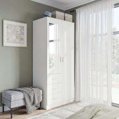 HOMCOM 2 Door 3 Drawer Mirrored Wardrobe with Hanging Rail, Modern Clothes Storage Cupboard with Mirror, Drawers and Adjustable Shelves for Bedroom, 80 x 50 x 180 cm, White