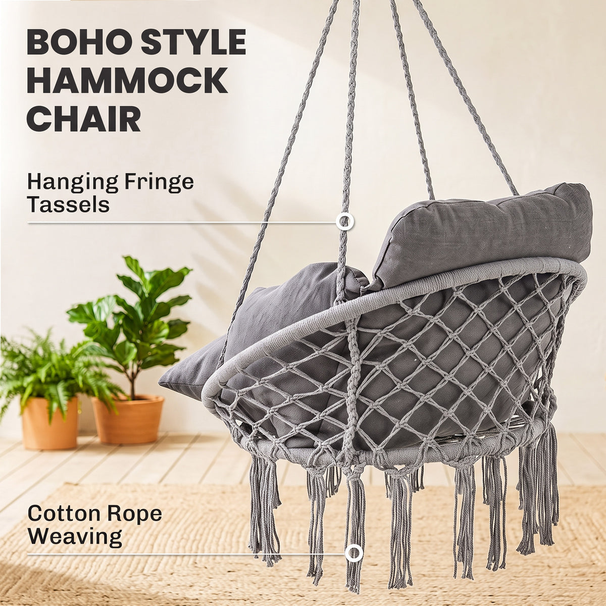 Outsunny Hanging Chair Outdoor Hammock Chair with Soft Cushion, Cotton Rope Boho Style Swing Chair, Hanging Garden Swing Seat for Indoor Outdoor, Dark Grey