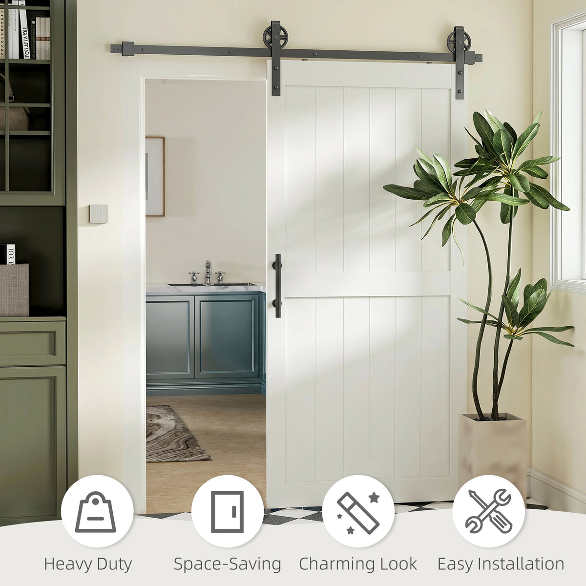 HOMCOM 213.4cm Sliding Barn Door Kit, Sliding Door with Track, Hardware, Upgraded Rollers and Floor Guide, Handle, White