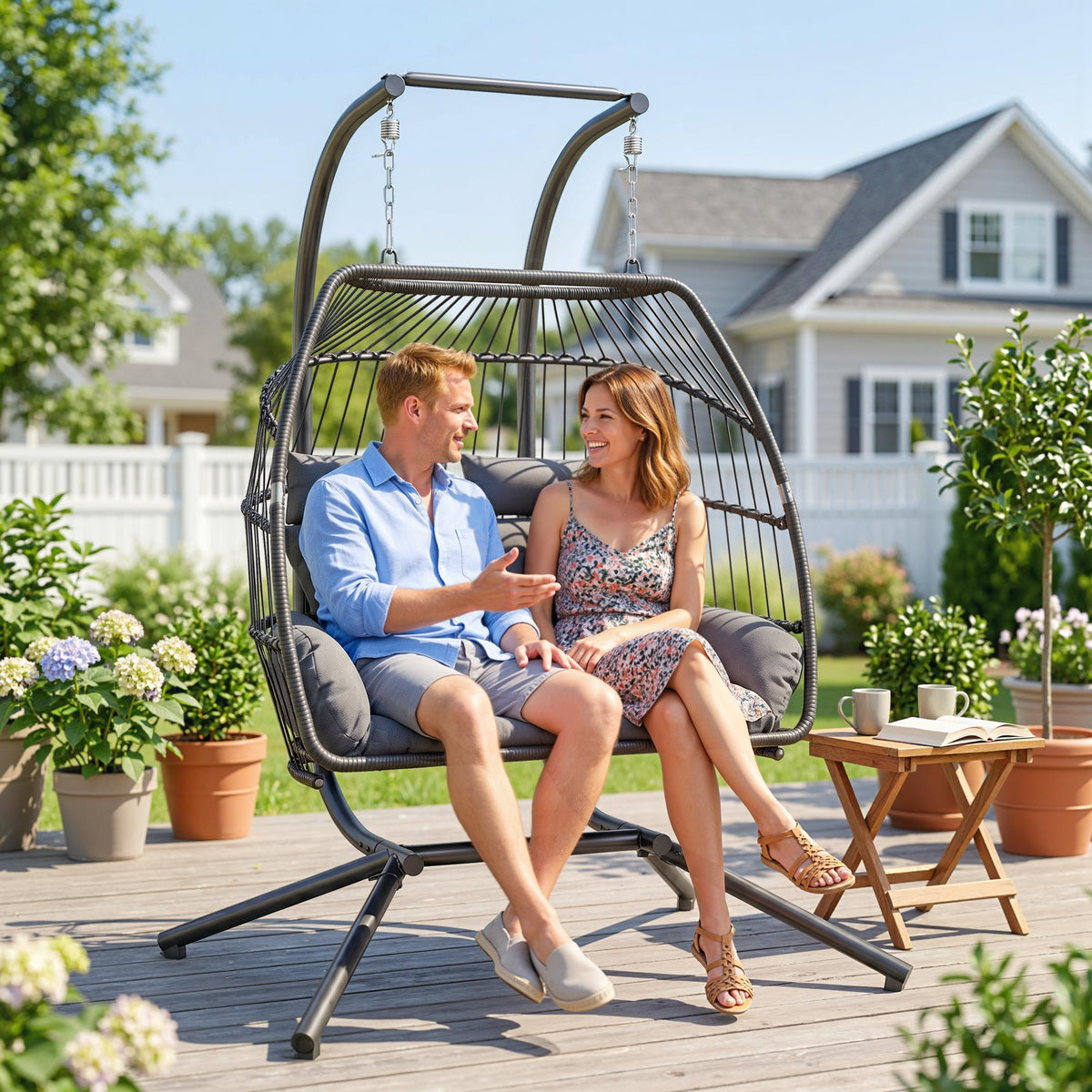 Outsunny Rattan Double Hanging Egg Chair with Stand, Foldable Wicker Swing Egg Chair with Cushion, Head Pillows, Steel Frame, Hammock Chair for Indoor Outdoor, Capacity 260 kg, Dark Grey