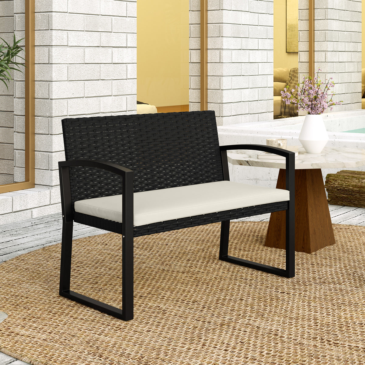 Outsunny Two-Seater Rattan Garden Bench - Beige