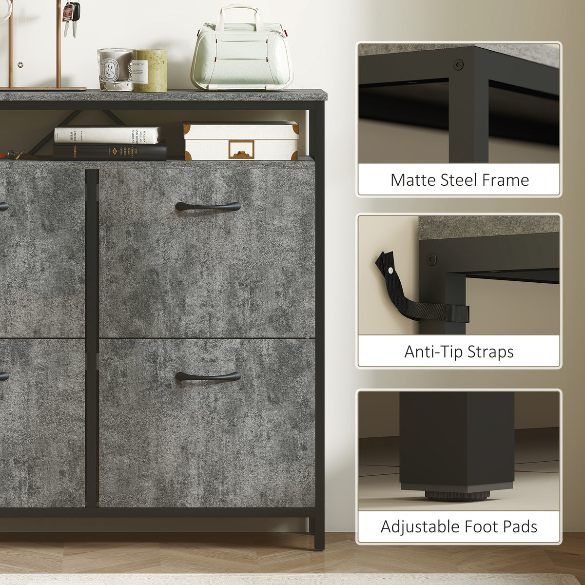 HOMCOM Shoe Storage Cabinet with 4 Flip Drawers and Open Shelf - Cement Grey