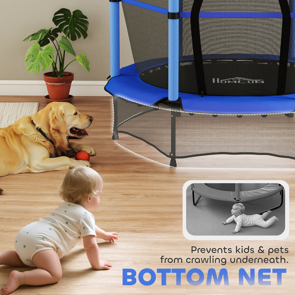 HOMCOM 4.6FT/55" Kids Trampoline with Enclosure Net, Outdoor Indoor Use, for Ages 3-10 Years, Blue