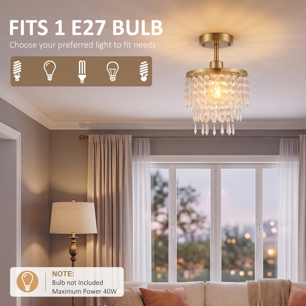 HOMCOM Crystal Ceiling Light with 57 Crystal Strands, Ceiling Light with Mounting Plate for Hallway, Gold Tone