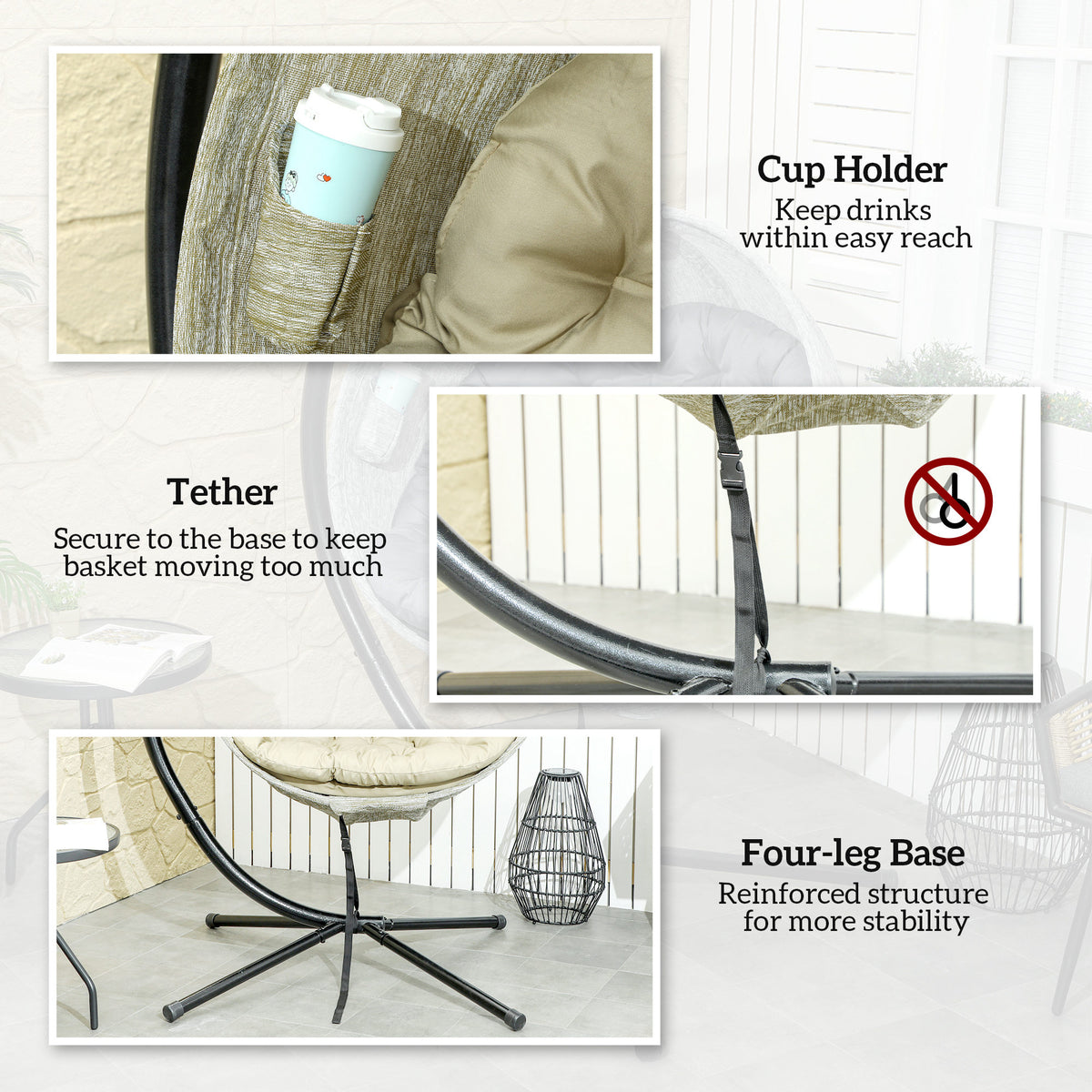 Outsunny Hanging Egg Chair Outdoor Indoor Garden Swing Chair with Folding Basket, Thickened Cushion, Cup Holder for Patio, Balcony, Khaki