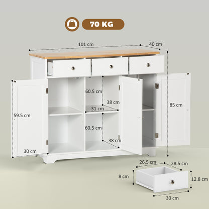 HOMCOM Sideboard with Rubber Wood Top, Modern Storage Cabinet, Kitchen Cupboard with 3 Doors, 3 Drawers and 3 Adjustable Shelves for Dining Room, Living Room, White