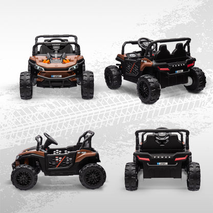 AIYAPLAY 12V Battery Powered Ride on Truck w/ Remote, Four Suspension Wheels, Horn, Lights, Music, USB, for Ages 3-5 Years, Brown