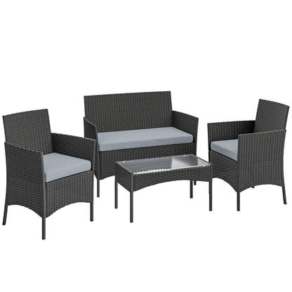 Outsunny 4 Piece Rattan Garden Furniture Sofa Set with Loveseat, Armchairs, Glass-Top Coffee Table and Cushions, Black