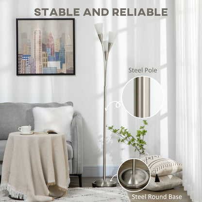 HOMCOM Modern Standing Lamp, 3-Light Upright Floor Lamps for Living Room, Silver Tone