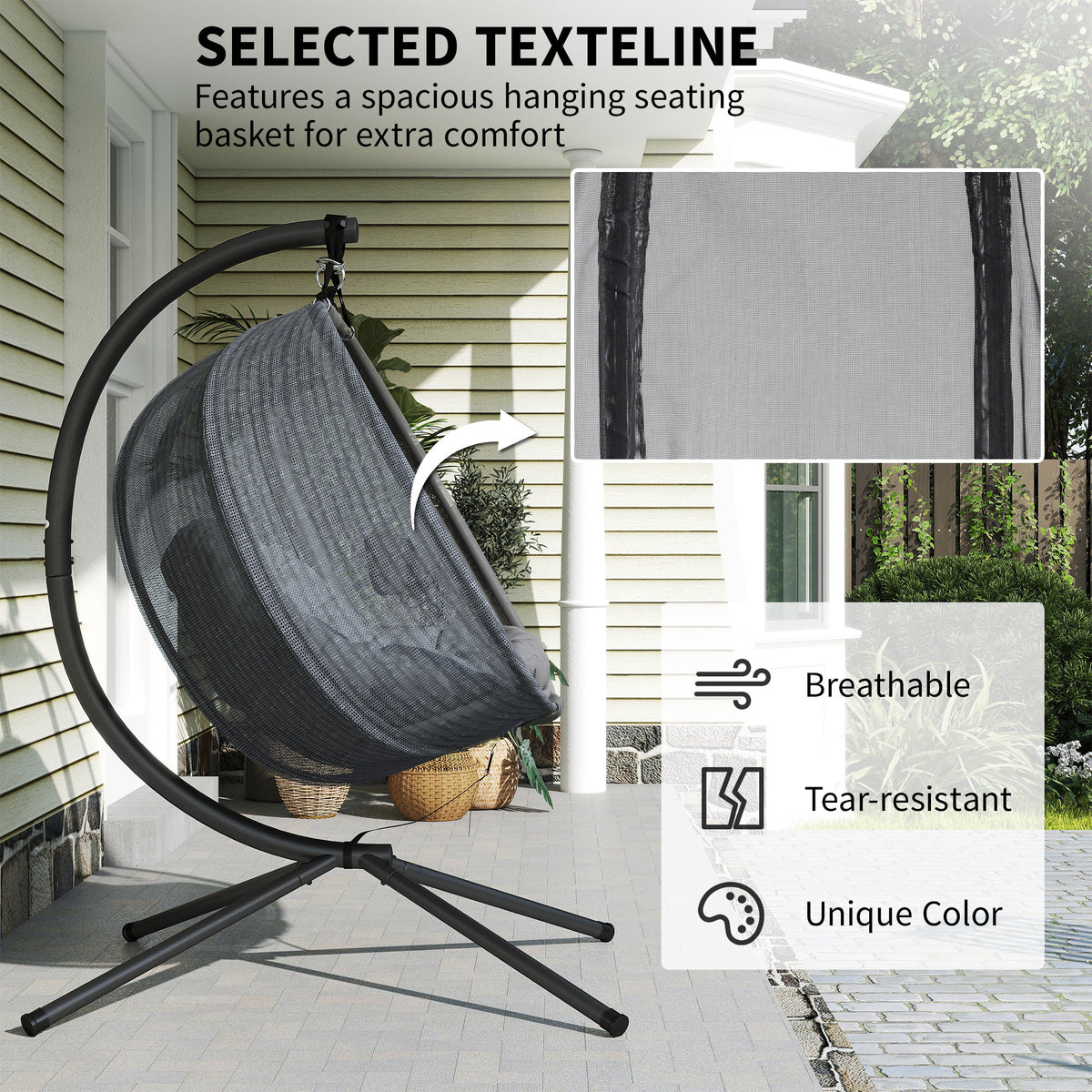 Outsunny Double Hanging Egg Chair 2 Seaters Texteline Swing Hammock Chair with Folding Design, Grey