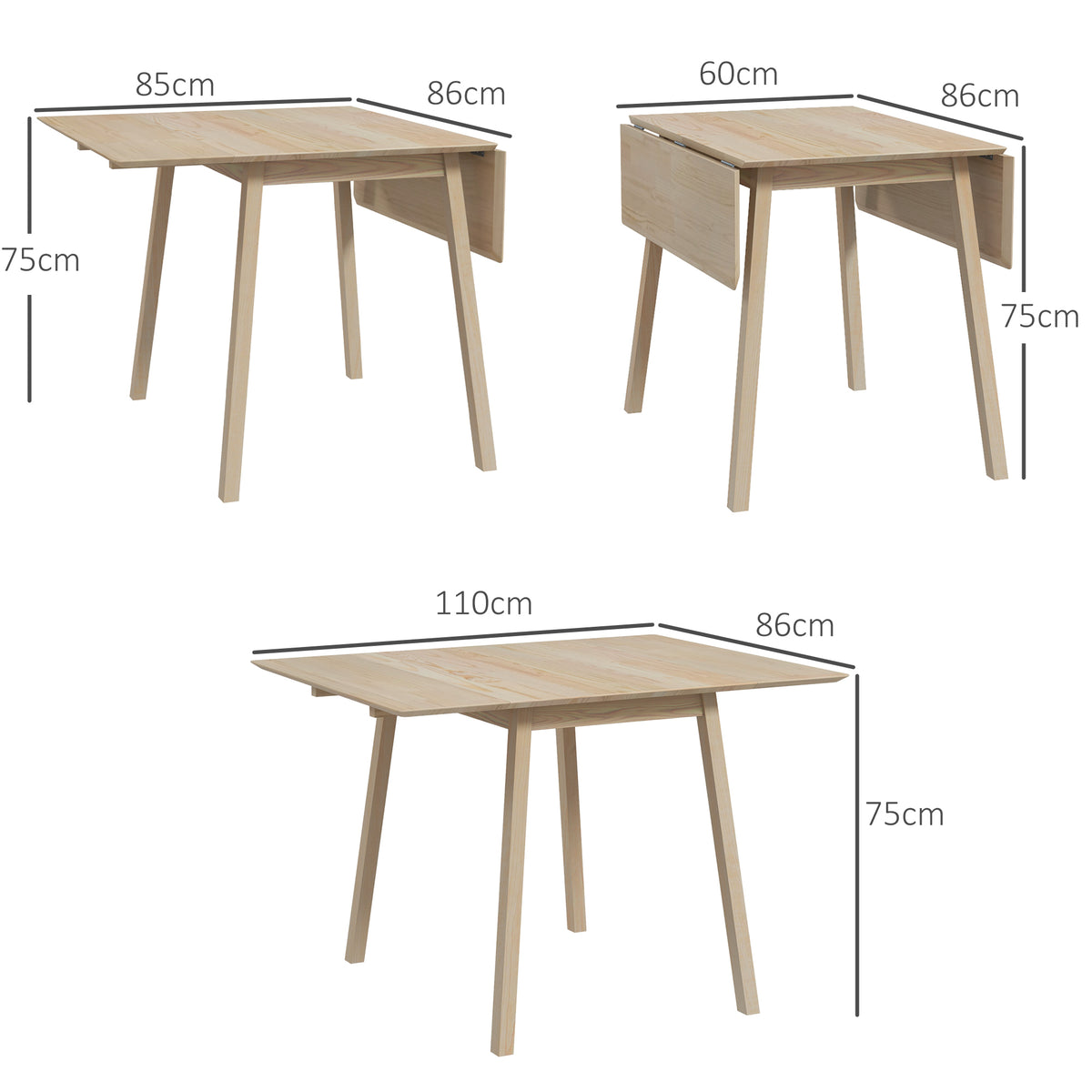 HOMCOM Solid Wood Folding Dining Table, Drop Leaf Table for 2-4 People, Natural Wood Finish