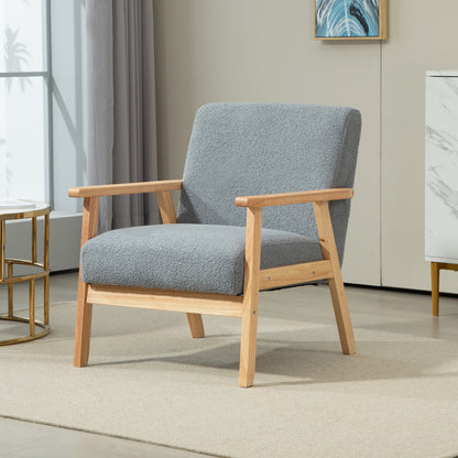HOMCOM Modern Armchair, Sherpa Fleece Upholstered Accent Chair with Solid Wood Legs and Wide Seat, Padding Lounge Chair for Living Room Bedroom Office, Grey