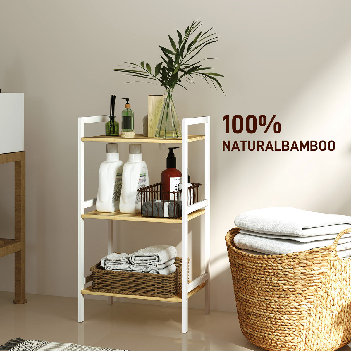 HOMCOM Three-Tier Bamboo Adjustable Shelf Storage Unit