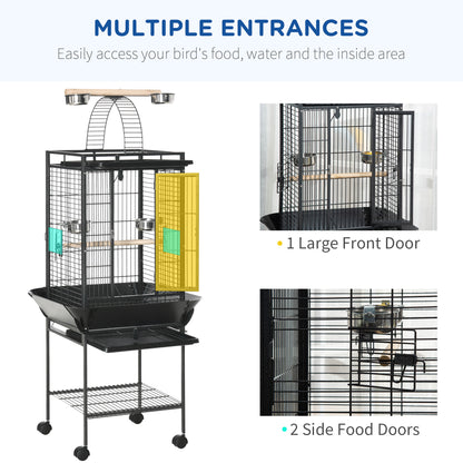 PawHut 156cm Bird Cage, Parrot Cage with Open Play Top, Perch, Seed Guard, Wheels, Storage Shelf, Dark Grey