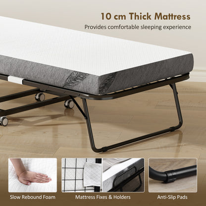 HOMCOM Folding Bed with 10cm Mattress, Portable Foldable Guest Bed with Sturdy Metal Frame on Wheels
