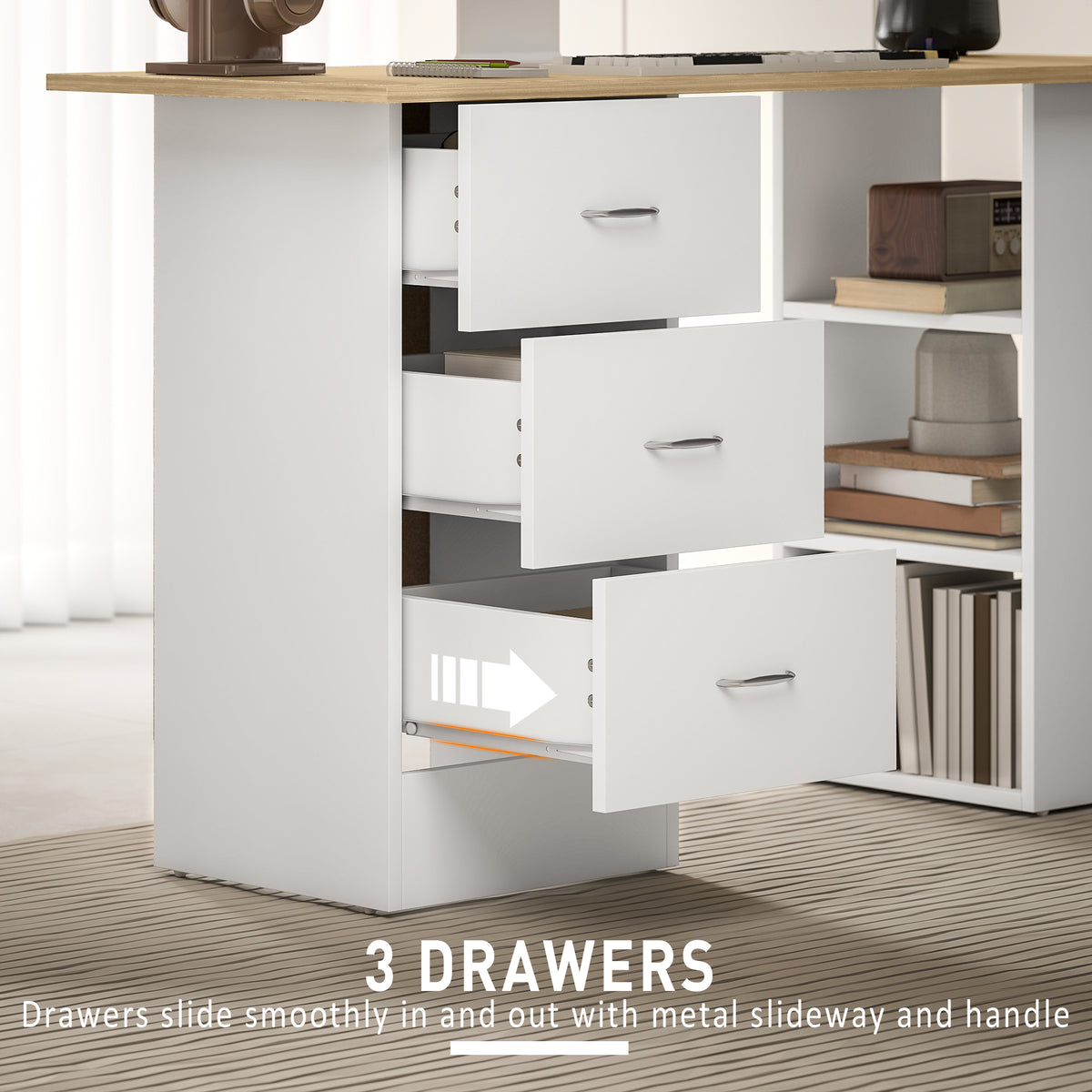 HOMCOM Computer Desk with Drawers, Home Office Desk, Writing Table, PC Workstation with 3 Storage Shelves for Working, Study, 120 x 49 x 72 cm, Natural Wood Finish and White