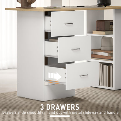HOMCOM Computer Desk with Drawers, Home Office Desk, Writing Table, PC Workstation with 3 Storage Shelves for Working, Study, 120 x 49 x 72 cm, Natural Wood Finish and White