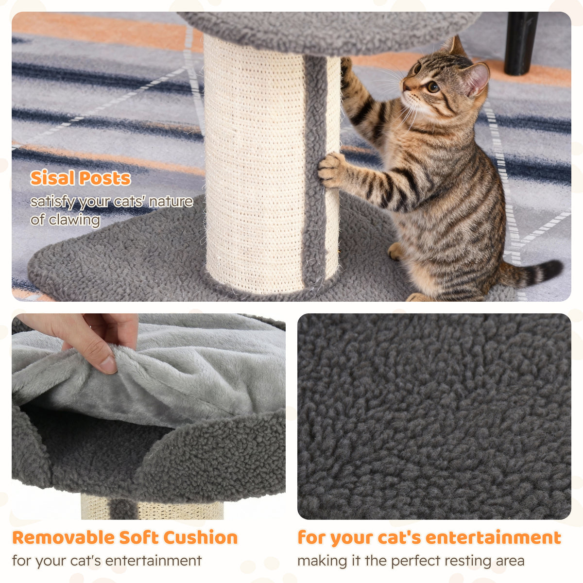 PawHut 91cm Cat Tree, Cat Tower with Scratching Post, Bed, Perch, Removable Cushion for Indoor Kittens, Grey