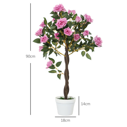 Outsunny Set of 2 Artificial Plants White Rose Floral in Pot, Fake Plants for Home Indoor Decor, 90cm, Purple