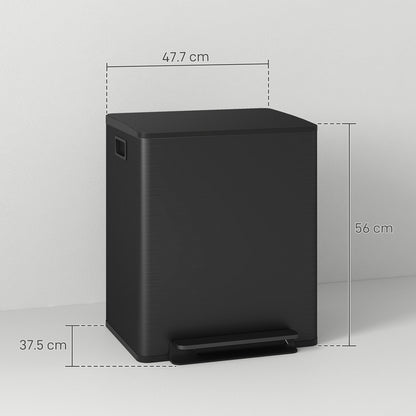 HOMCOM 50L Dual Compartment Stainless Steel Bin, with Deodoriser Holders - Black